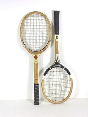 Curated Set of Black and White Vintage Wood Tennis Rackets Decorating